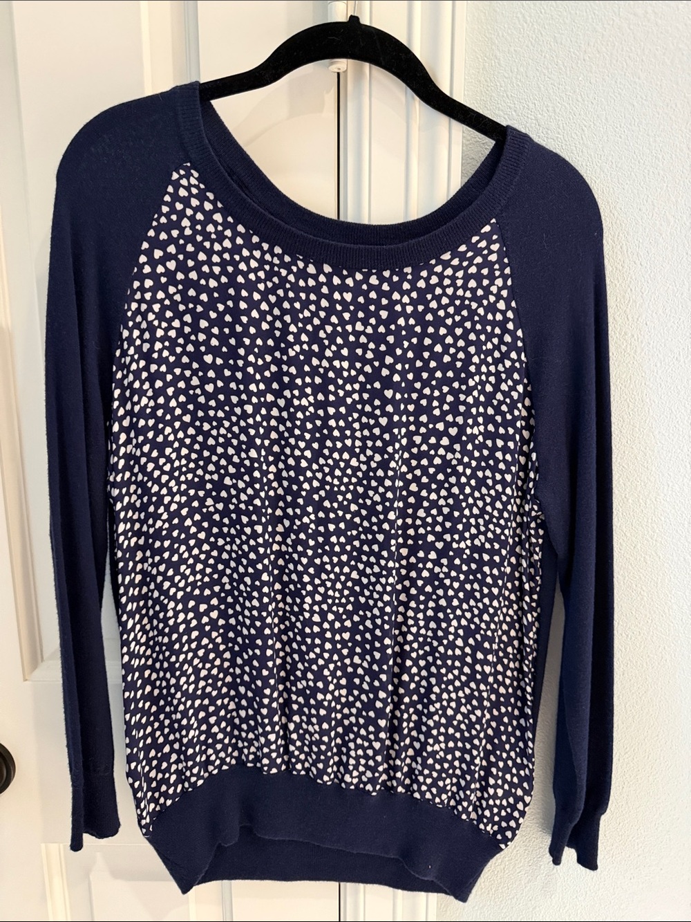 Joie Navy and White Heart Pullover with silk front and wool/cashmere sleeves